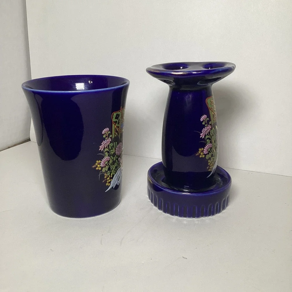Vintage Cobalt Blue Japanese Porcelain Vanity Set Rickshaw Floral Tumbler Holder